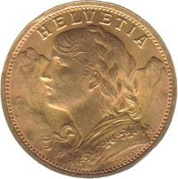 obverse of 20 Francs (1897 - 1949) coin with KM# 35 from Switzerland. Inscription: HELVETIA