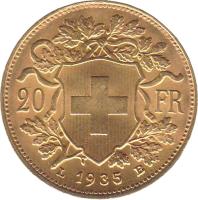 reverse of 20 Francs (1897 - 1949) coin with KM# 35 from Switzerland. Inscription: 20 FR 1935 LB