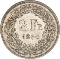 Switzerland coin 2 Francs (1860 - 1863) reverse reverse of 2 Francs (1860 - 1863) coin with KM# 10a from Switzerland. Inscription: 2 Fr. 1860 B