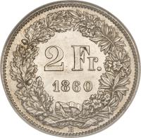 reverse of 2 Francs (1860 - 1863) coin with KM# 10a from Switzerland. Inscription: 2 Fr. 1860 B