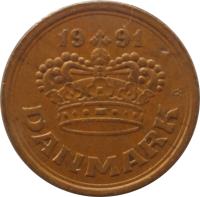 obverse of 25 Øre - Margrethe II (1990 - 2008) coin with KM# 868 from Denmark. Inscription: 19 91 DANMARK
