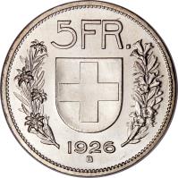 Switzerland coin 5 Francs (1924 - 1928) reverse reverse of 5 Francs (1924 - 1928) coin with KM# 38 from Switzerland.