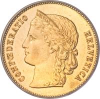 obverse of 20 Francs (1883 - 1896) coin with KM# 31 from Switzerland. Inscription: CONFŒDERATIO HELVETICA