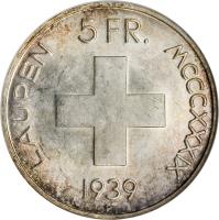 reverse of 5 Francs - Battle of Laupen (1939) coin with KM# 42 from Switzerland. Inscription: 5 FR. LAUPEN MCCCXXXIX 1939