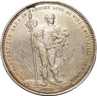 obverse of 5 Francs - Shooting Festival (1879) coin with X# S14 from Switzerland. Inscription: DAS SCHWERT ZUR HAND IN HERZEN GOTT. SO WIRD D. SCHWEIZER NIE Z. SPOTT DURUSSEL