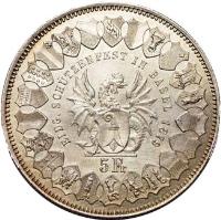 reverse of 5 Francs - Shooting Festival (1879) coin with X# S14 from Switzerland. Inscription: EIDG. SCHÜTZENFEST IN BASEL 1879