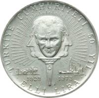 obverse of 50 Lira - Republic (1973) coin with KM# 902 from Turkey.