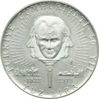 Turkey coin 100 Lira - Republic (1973) obverse obverse of 100 Lira - Republic (1973) coin with KM# 903 from Turkey.