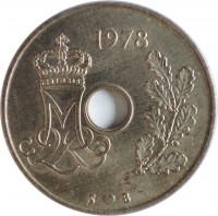obverse of 25 Øre - Margrethe II (1973 - 1988) coin with KM# 861 from Denmark. Inscription: 1984