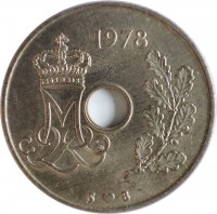 Denmark coin 25 Øre - Margrethe II (1973 - 1988) obverse obverse of 25 Øre - Margrethe II (1973 - 1988) coin with KM# 861 from Denmark. Inscription: 1984
