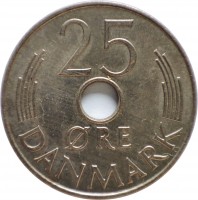 reverse of 25 Øre - Margrethe II (1973 - 1988) coin with KM# 861 from Denmark. Inscription: 25 ØRE DANMARK
