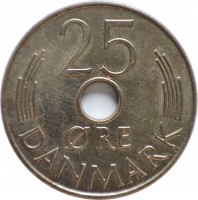 Denmark coin 25 Øre - Margrethe II (1973 - 1988) reverse reverse of 25 Øre - Margrethe II (1973 - 1988) coin with KM# 861 from Denmark. Inscription: 25 ØRE DANMARK