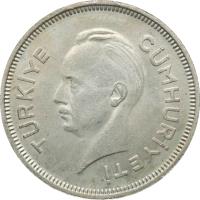 obverse of 1 Lira (1940 - 1941) coin with KM# 869 from Turkey. Inscription: TÜRKIYE CÜMHURIYETI