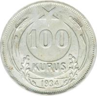 Turkey coin 100 Kuruş (1934) reverse reverse of 100 Kuruş (1934) coin with KM# 860 from Turkey. Inscription: 100 KURUŞ 1934