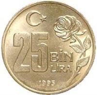Turkey coin 25 Bin Lira - Environmental Protection (1995) reverse reverse of 25 Bin Lira - Environmental Protection (1995) coin with KM# 1043 from Turkey. Inscription: 25 BİN LİRA 1995