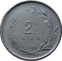 Turkey coin 2 1/2 Lira - FAO (1978) reverse reverse of 2 1/2 Lira - FAO (1978) coin with KM# 915 from Turkey.