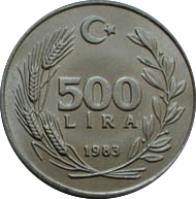 reverse of 500 Lira - Lydia: First Coin In The World (1983) coin with KM# 957 from Turkey. Inscription: 500 LİRA 1983