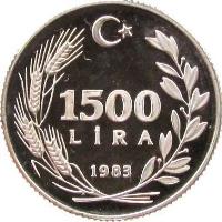 Turkey coin 1500 Lira - World Food Day (1983) reverse reverse of 1500 Lira - World Food Day (1983) coin with KM# 958 from Turkey. Inscription: 1500 LİRA 1983