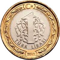 reverse of 1 Lira - Court of Accounts (2012) coin with KM# 1281 from Turkey. Inscription: 1 TÜRK LİRASI 2012
