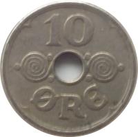 reverse of 10 Øre - Christian X (1924 - 1947) coin with KM# 822 from Denmark. Inscription: 10 ØRE