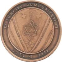 obverse of 20 Lira - Traditional Turkish Handcrafts (2010) coin from Turkey. Inscription: TÜRKİYE CUMHURİYETİ 20 TL 2010