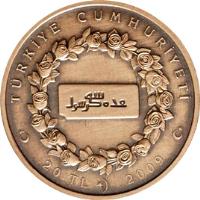 reverse of 20 Lira - Hijra (2009) coin with KM# 1258 from Turkey. Inscription: TÜRKİYE CUMHURİYETİ 20 TL 2009