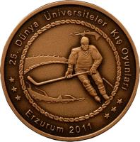 Turkey coin 20 Lira - Winter Universiade Hockey (2011) obverse obverse of 20 Lira - Winter Universiade Hockey (2011) coin with KM# 1266 from Turkey. Inscription: 25. Dünya Üniversiteler Kış Oyunları Erzurum 2011