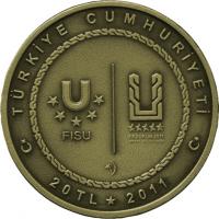 reverse of 20 Lira - Winter Universiade Skiing (2011) coin with KM# 1270 from Turkey. Inscription: TÜRKİYE CUMHURİYETİ FISU ERZURUM 2011 20 TL 2011