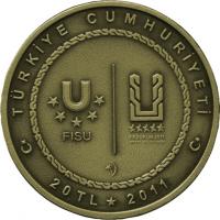 Turkey coin 20 Lira - Winter Universiade Skiing (2011) reverse reverse of 20 Lira - Winter Universiade Skiing (2011) coin with KM# 1270 from Turkey. Inscription: TÜRKİYE CUMHURİYETİ FISU ERZURUM 2011 20 TL 2011