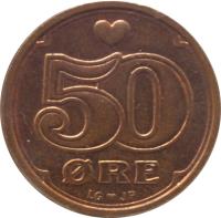 reverse of 50 Øre - Margrethe II (1989 - 2015) coin with KM# 866 from Denmark. Inscription: ♥ 50 ØRE