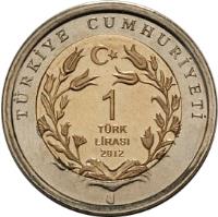 reverse of 1 Lira - Red Deer (2012) coin with KM# 1283 from Turkey. Inscription: TÜRKIYE CUMHURIYETI 1 TÜRK LIRASI 2012