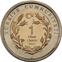 Turkey coin 1 Lira - Red Deer (2012) reverse reverse of 1 Lira - Red Deer (2012) coin with KM# 1283 from Turkey. Inscription: TÜRKIYE CUMHURIYETI 1 TÜRK LIRASI 2012