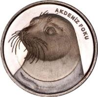 obverse of 1 Lira - Monk Seal (2013) coin from Turkey. Inscription: AKDENIZ FOKU