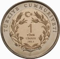 reverse of 1 Lira - Demoiselle Crain (2013) coin from Turkey. Inscription: TÜRKIYE CUMHURIYETI 1 TÜRK LIRASI 2013