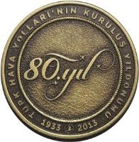 obverse of 20 Lira - Turkish Airlines (2013) coin from Turkey. Inscription: TÜRK HAVA YOLLARI'NIN KURULUŞ YILDÖNÜMÜ 1933 2013