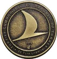 reverse of 20 Lira - Turkish Airlines (2013) coin from Turkey. Inscription: TÜRKİYE CUMHURİYETİ REPUBLIC OF TURKEY 2013 20 Türk Lirası