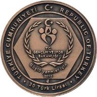 reverse of 20 Lira - Mediterranean Games (2013) coin with KM# 1291 from Turkey. Inscription: TÜRKİYE CUMHURİYETİ REPUBLIC OF TURKEY T.C. GENÇLİK VE SPOR BAKANLIĞI Güçlü yarınlar için 2013 20 Türk Lirası