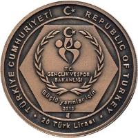 Turkey coin 20 Lira - Mediterranean Games (2013) reverse reverse of 20 Lira - Mediterranean Games (2013) coin with KM# 1291 from Turkey. Inscription: TÜRKİYE CUMHURİYETİ REPUBLIC OF TURKEY T.C. GENÇLİK VE SPOR BAKANLIĞI Güçlü yarınlar için 2013 20 Türk Lirası
