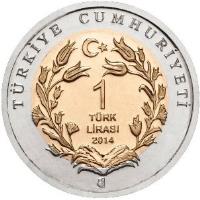 reverse of 1 Lira - Striped Hyena (2014) coin from Turkey. Inscription: TÜRKİYE CUMHURİYETİ 1 TÜRK LİRASI 2014