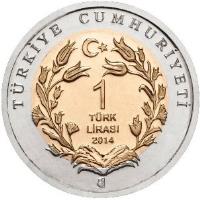 reverse of 1 Lira - Long-eared Hedgehog (2014) coin from Turkey. Inscription: TÜRKİYE CUMHURİYETİ 1 TÜRK LİRASI 2014