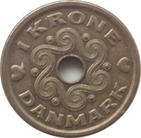 reverse of 1 Krone - Margrethe II (1992 - 2014) coin with KM# 873 from Denmark. Inscription: 1 KRONE DANMARK
