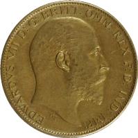 United Kingdom coin 1/2 Sovereign - Edward VII (1902 - 1910) obverse obverse of 1/2 Sovereign - Edward VII (1902 - 1910) coin with KM# 804 from United Kingdom. Inscription: EDWARDUS VII D:G:BRITT:OMN:REX F:D:IND:IMP: