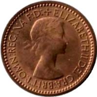 obverse of 1 Farthing - Elizabeth II - With BRITT:OMN; 1'st Portrait (1953) coin with KM# 881 from United Kingdom. Inscription: ELIZABETH II DEI GRA:BRITT:OMN:REGINA F:D:+