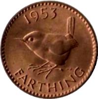 United Kingdom coin 1 Farthing - Elizabeth II - With BRITT:OMN; 1'st Portrait (1953) reverse reverse of 1 Farthing - Elizabeth II - With BRITT:OMN; 1'st Portrait (1953) coin with KM# 881 from United Kingdom. Inscription: 1953 HWP FARTHING