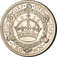 reverse of 1 Crown - George V (1927 - 1936) coin with KM# 836 from United Kingdom. Inscription: · FID · · DEF · · IND · · IMP · 1933 · CROWN ·