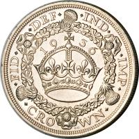 United Kingdom coin 1 Crown - George V (1927 - 1936) reverse reverse of 1 Crown - George V (1927 - 1936) coin with KM# 836 from United Kingdom. Inscription: · FID · · DEF · · IND · · IMP · 1933 · CROWN ·