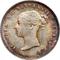 obverse of 4 Pence - Victoria - Maundy Coinage; 1'st Portrait (1838 - 1887) coin with KM# 732 from United Kingdom. Inscription: VICTORIA D:G: BRITANNIAR: REGINA F:D: