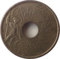 obverse of 25 Pesetas - Juan Carlos I - Castilla-La Mancha (1996) coin with KM# 962 from Spain. Inscription: ESPAÑA 1996