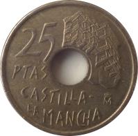 Spain coin 25 Pesetas - Juan Carlos I - Castilla-La Mancha (1996) reverse reverse of 25 Pesetas - Juan Carlos I - Castilla-La Mancha (1996) coin with KM# 962 from Spain. Inscription: 25 PTAS M CASTILLA-LA MANCHA