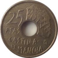 reverse of 25 Pesetas - Juan Carlos I - Castilla-La Mancha (1996) coin with KM# 962 from Spain. Inscription: 25 PTAS M CASTILLA-LA MANCHA